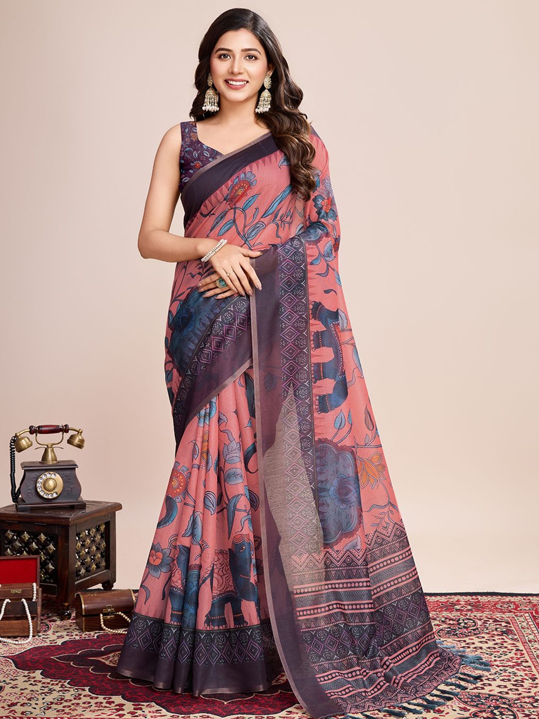 

HEER FASHION Floral Zari Linen Blend Saree, Rose