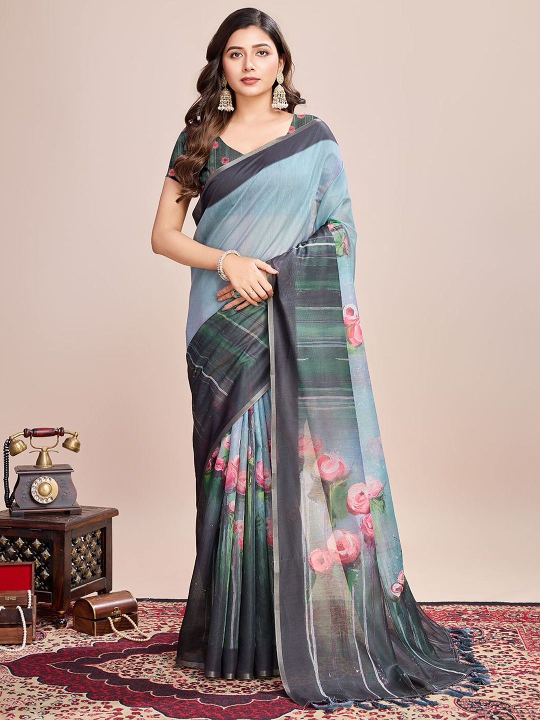 

HEER FASHION Floral Zari Linen Blend Saree, Grey