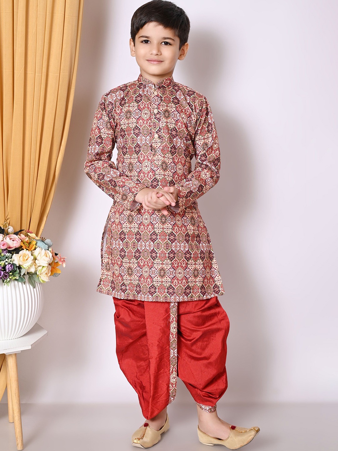 

BAESD Boys Ethnic Motifs Straight Mandarin Collar Kurta With Dhoti Pants, Maroon