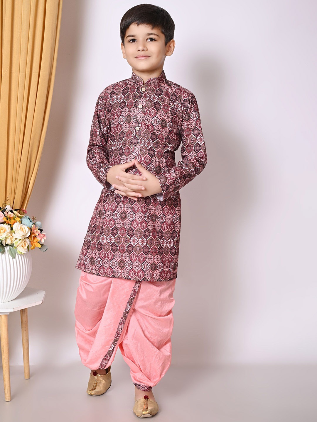 

BAESD Boys Ethnic Motifs Embroidered Straight Dupion Silk Kurta with Dhoti Pants, Peach