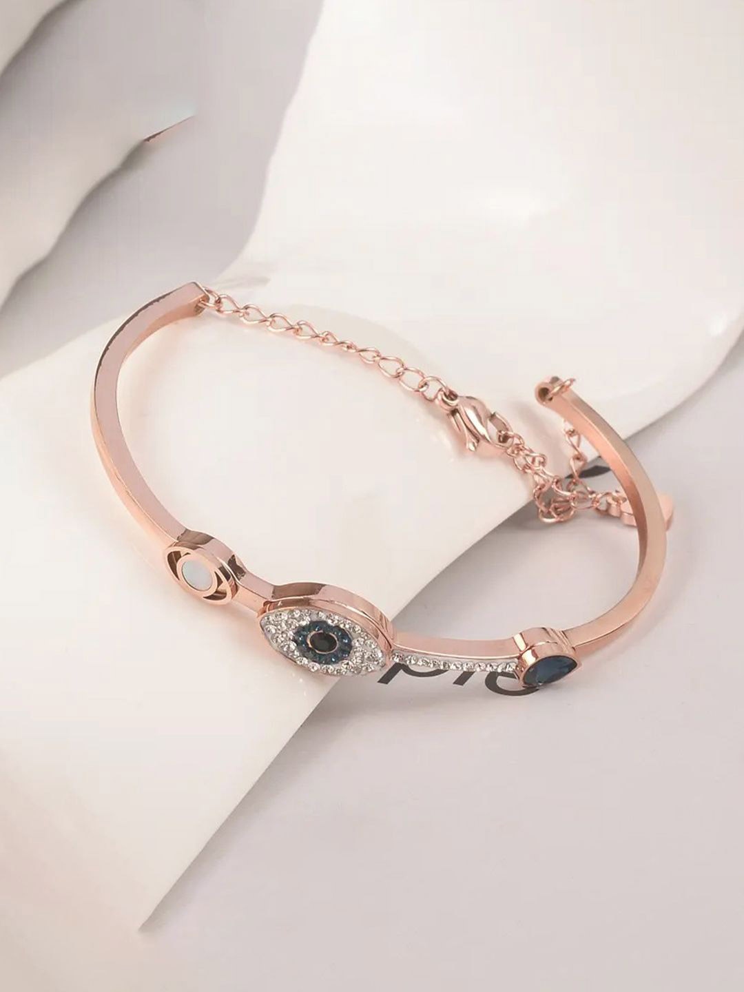 

Designs & You Rose Gold-Plated American Diamond Studded Evil Eye Bangle-Style Bracelet