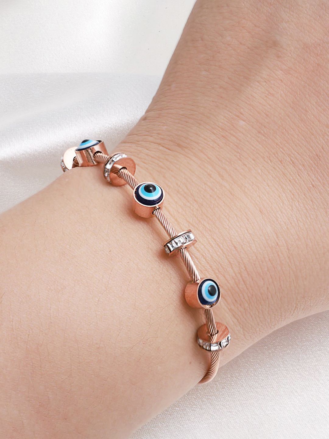 

Designs & You Gold Plated Crystal Studded Evil Eye Bangle Style Bracelet, Rose gold