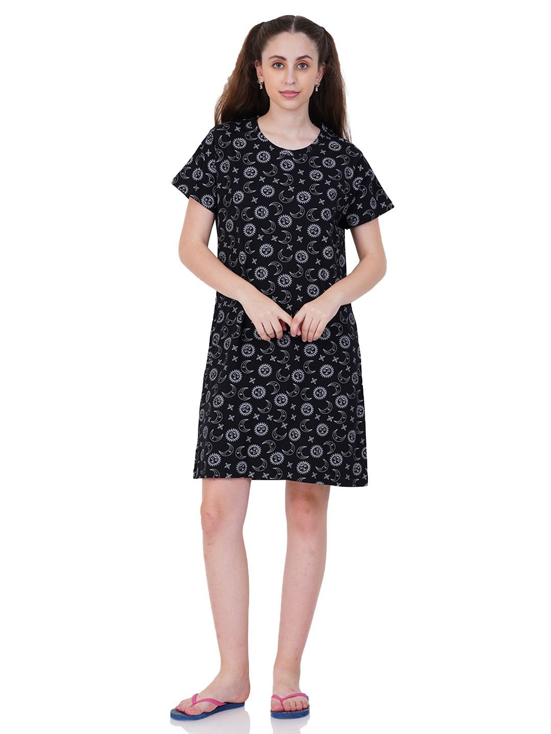 

indian flower Print Cotton Maxi Longline Top, Black
