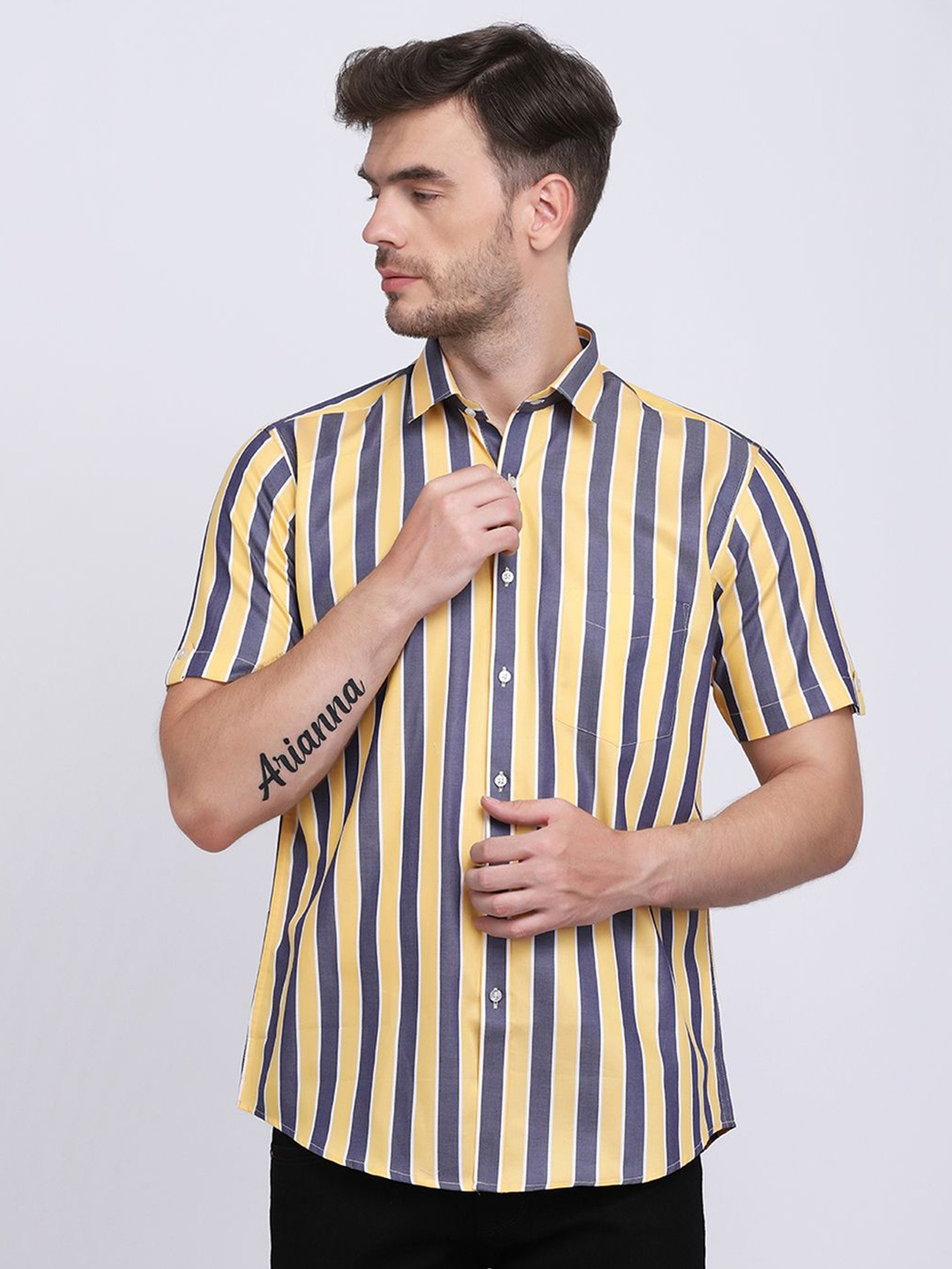 

Moda Rapido Men Classic Spread Collar Vertical Striped Casual Shirt, Yellow