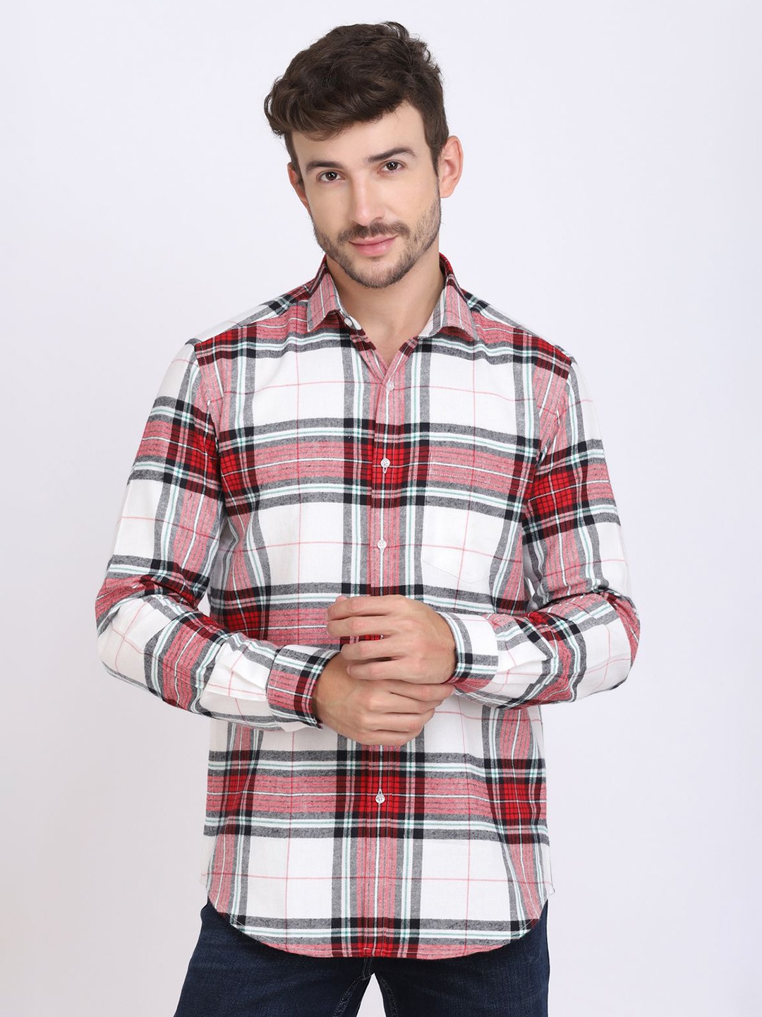 

Moda Rapido Men Classic Spread Collar Checked Cotton Casual Shirt, White
