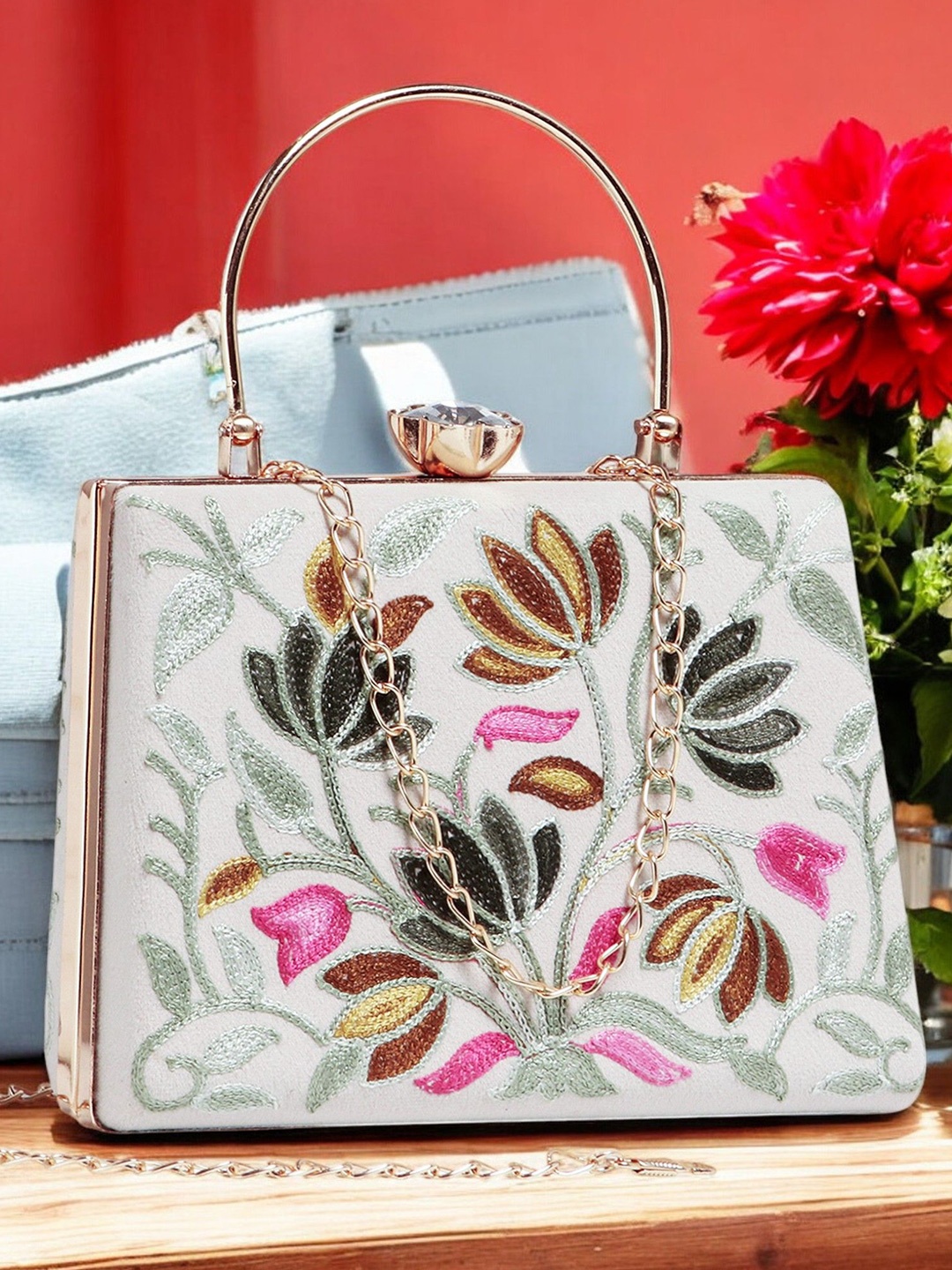 

WOMEN MARKS Embroidered Box Clutch, Silver