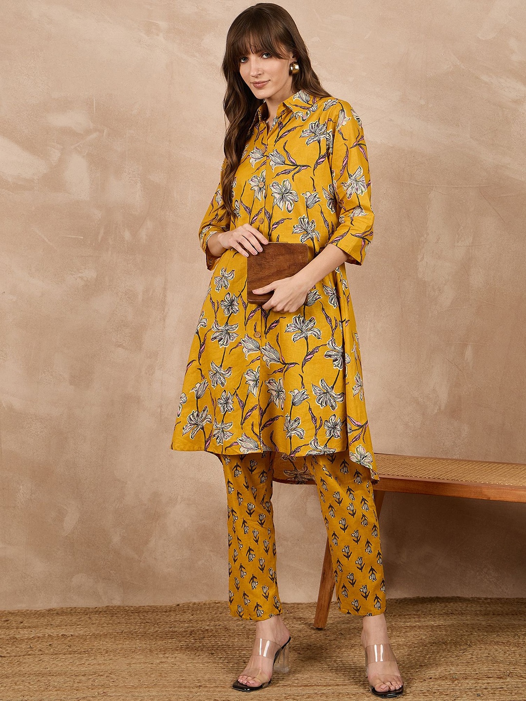 

BAESD Printed Shirt Collar Neck Tunic With Trousers Co-Ords, Mustard