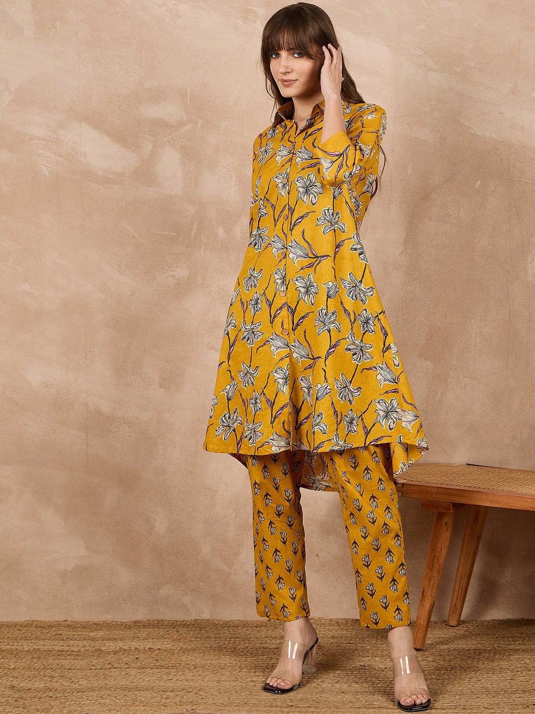 

BAESD Floral Printed Pure Cotton Tunic & Trouser Co-Ords, Mustard