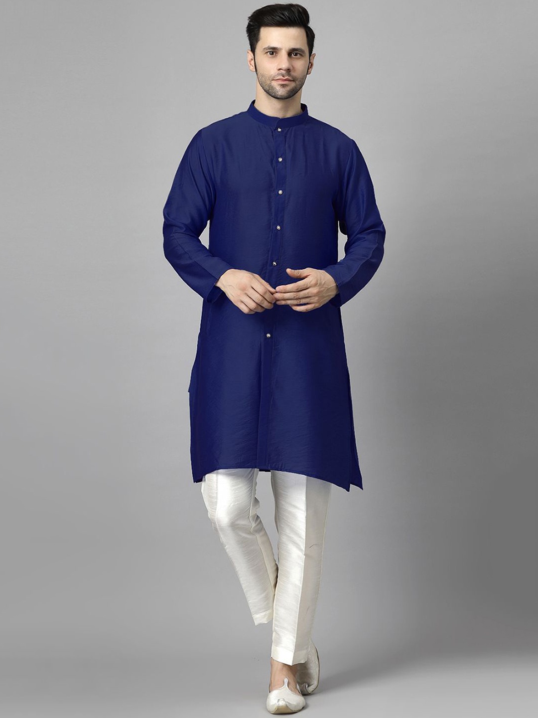 

Utsav Fashion Men High Slit Raw Silk Kurta with Trousers, Navy blue