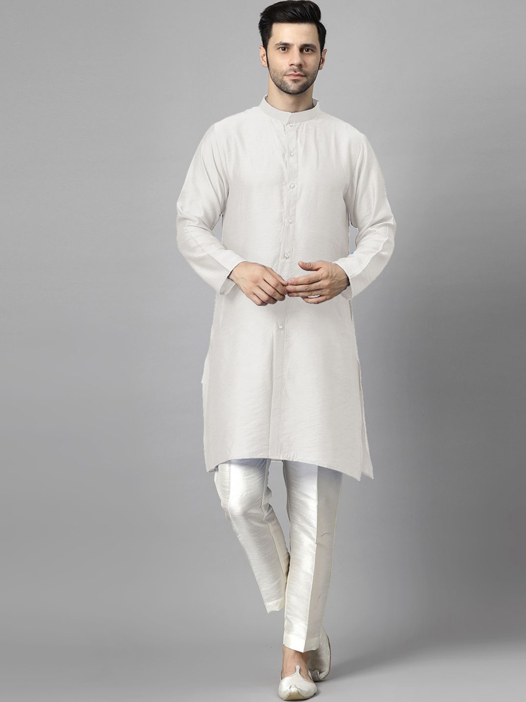 Utsav Fashion Men High Slit Raw Silk Kurta with Trousers, Off white