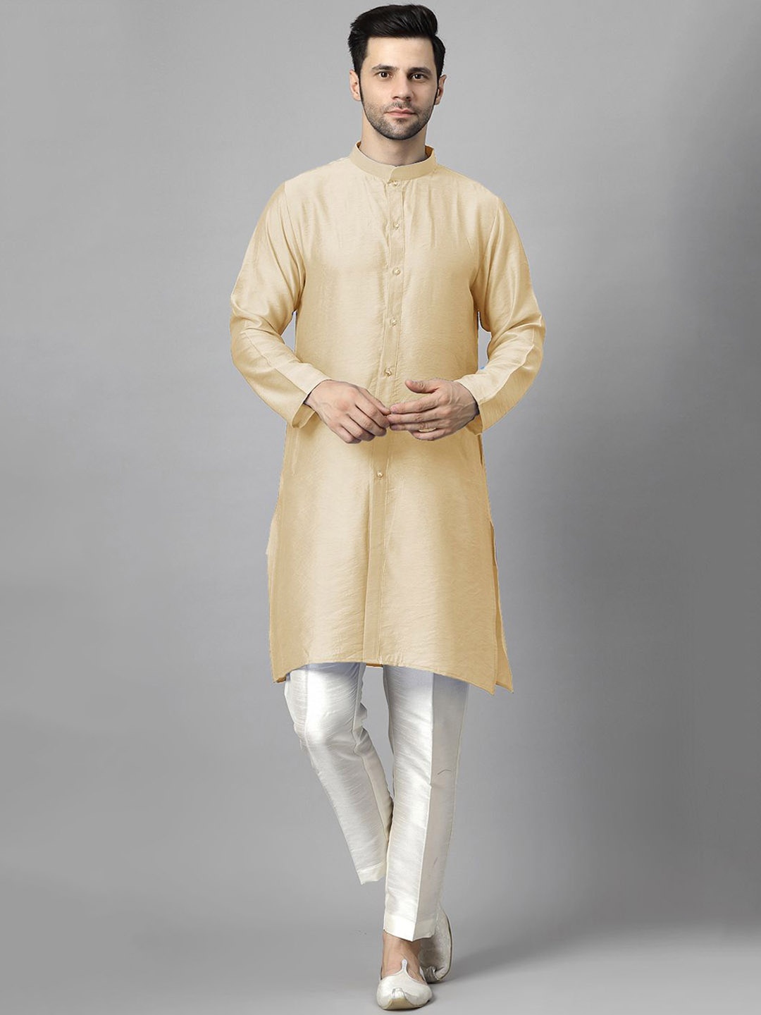 Utsav Fashion Men High Slit Raw Silk Kurta with Trousers, Beige