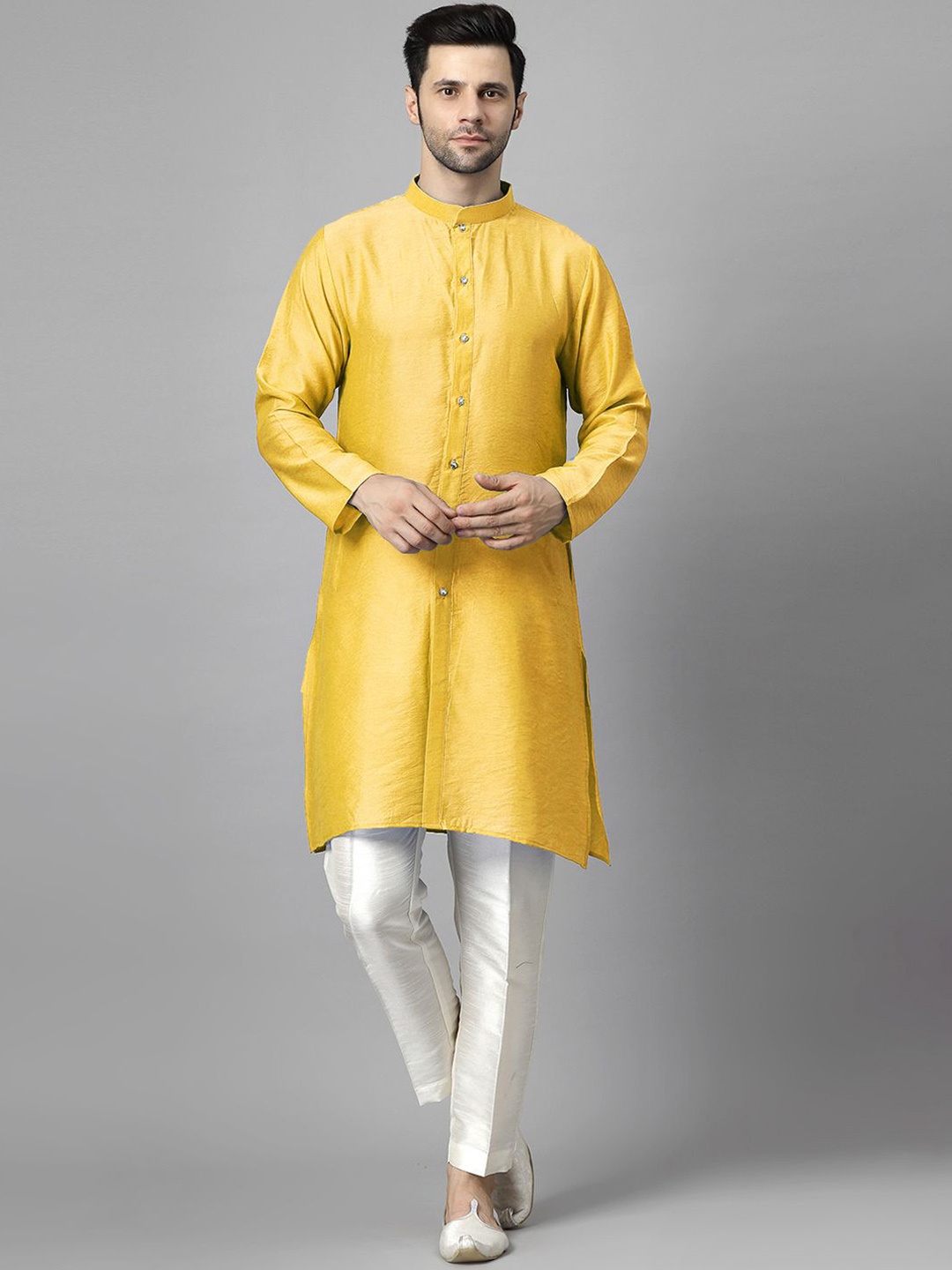

Utsav Fashion Men High Slit Raw Silk Kurta with Trousers, Mustard