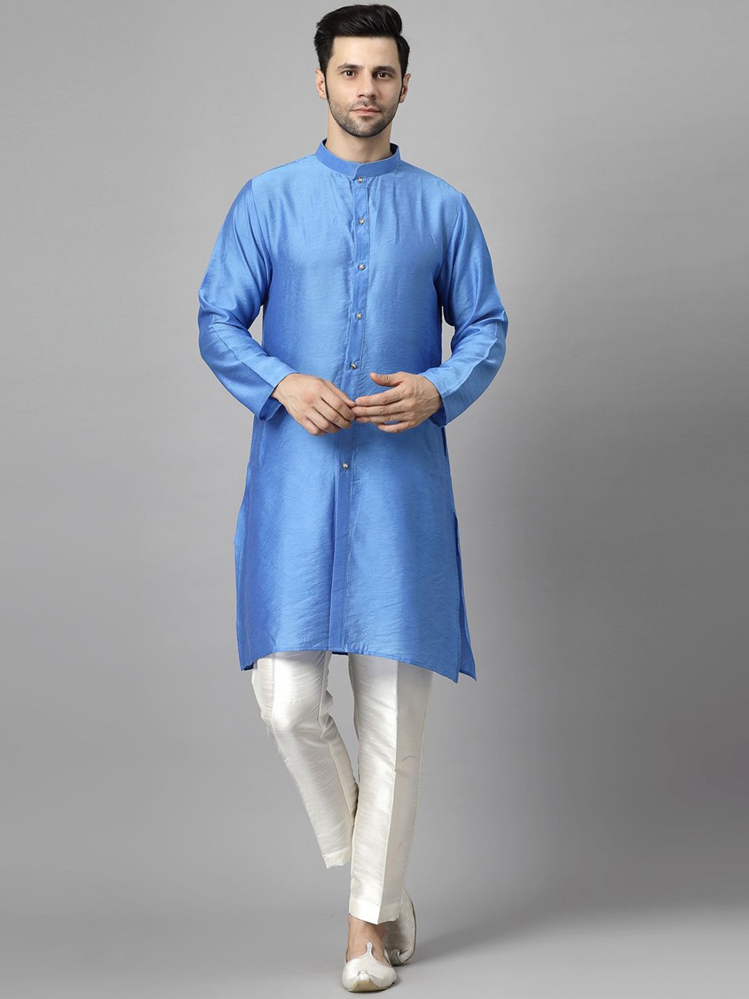 

Utsav Fashion Men High Slit Raw Silk Kurta with Trousers, Blue