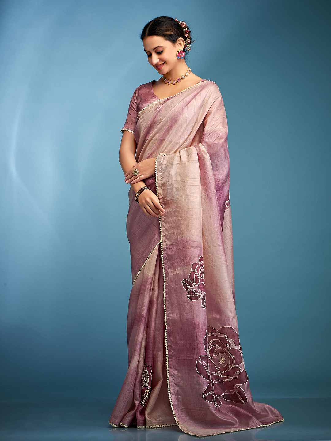 

DEVATITHI Floral Embroidered Pure Silk Tussar Saree, Purple