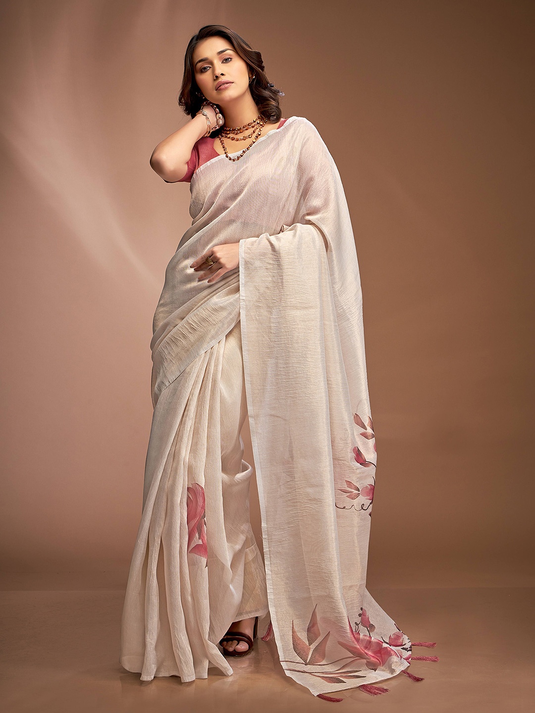 

DEVATITHI Floral Tissue Saree, White