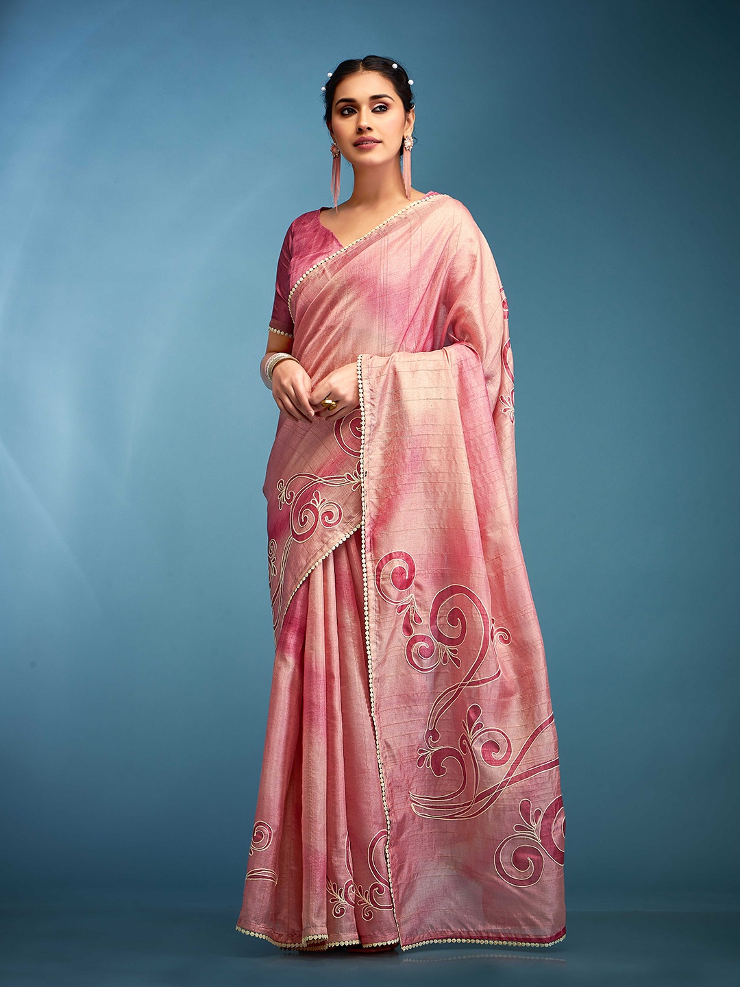 

DEVATITHI Floral Embroidered Pure Silk Tussar Saree, Pink