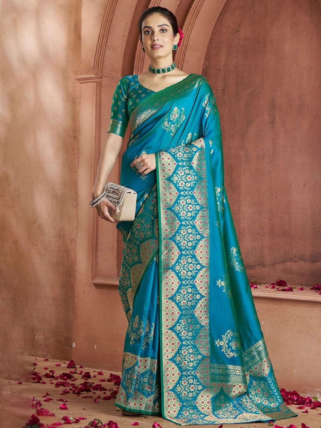 

DEVATITHI Woven Design Zari Pure Silk Banarasi Saree, Blue