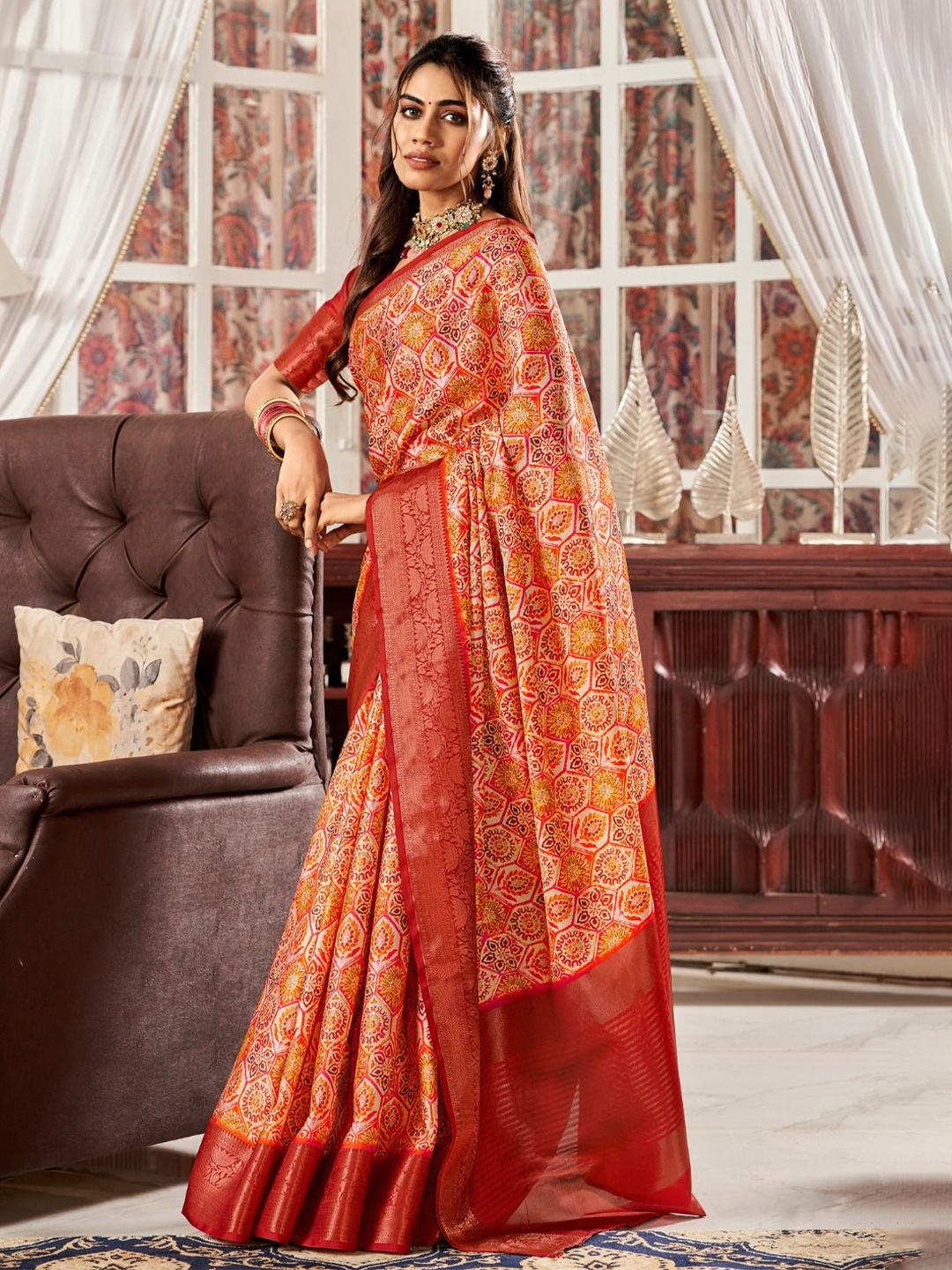

DEVATITHI Ethnic Motifs Zari Satin Saree, Orange