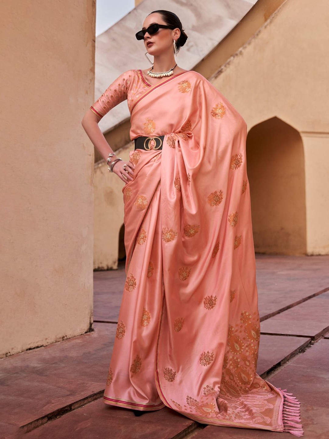 

DEVATITHI Floral Satin Saree, Orange