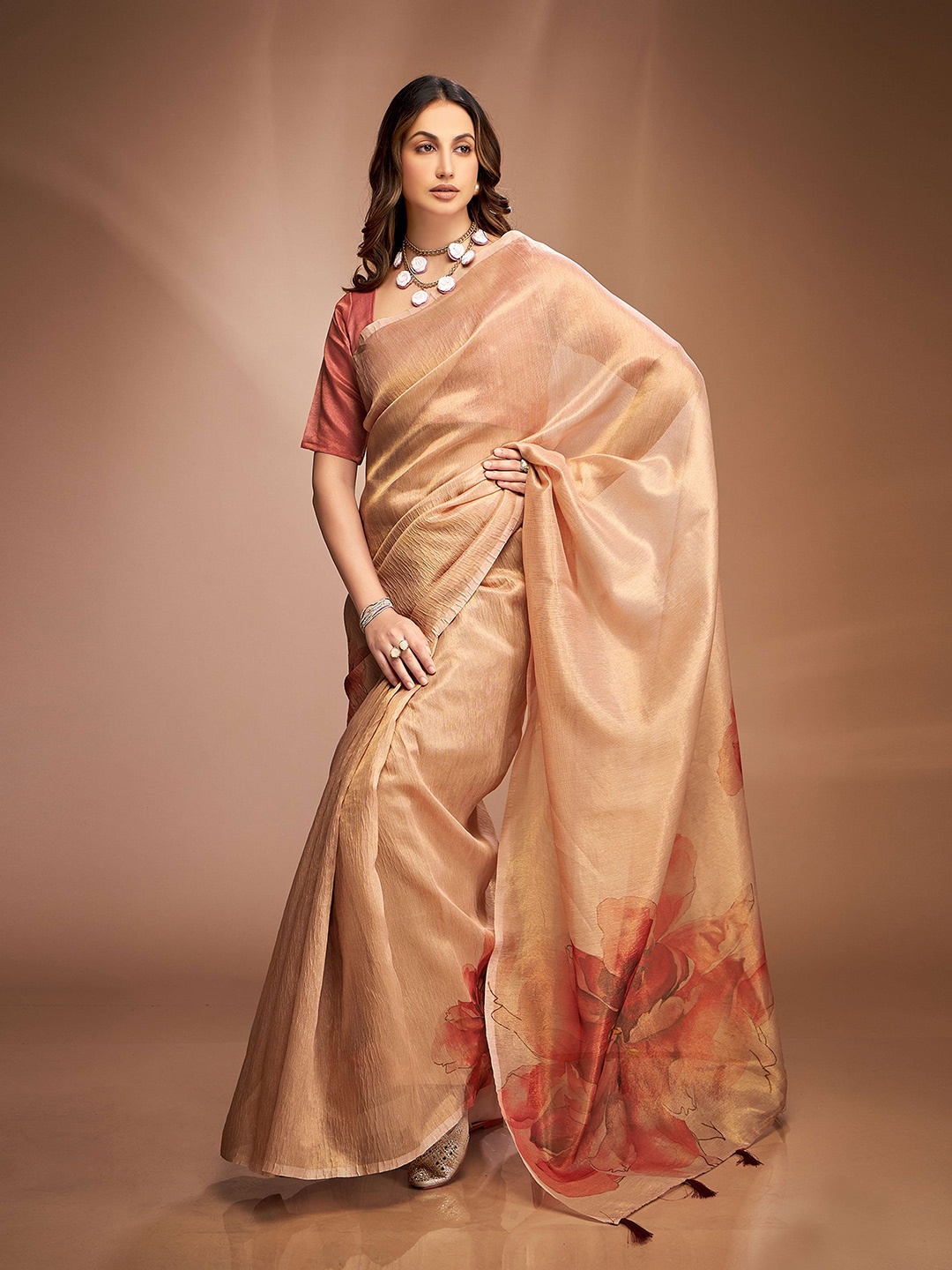 

DEVATITHI Floral Zari Tissue Saree, Brown