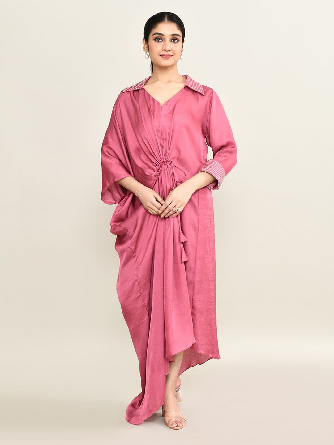 

The Maple Women V-Neck Embroidered Kaftan Midi Dress, Pink