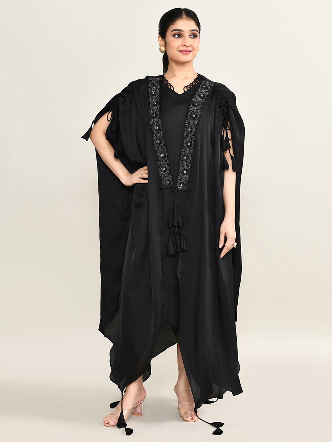 

The Maple Women V-Neck Kaftan Dress With Embroidered Shrug, Black