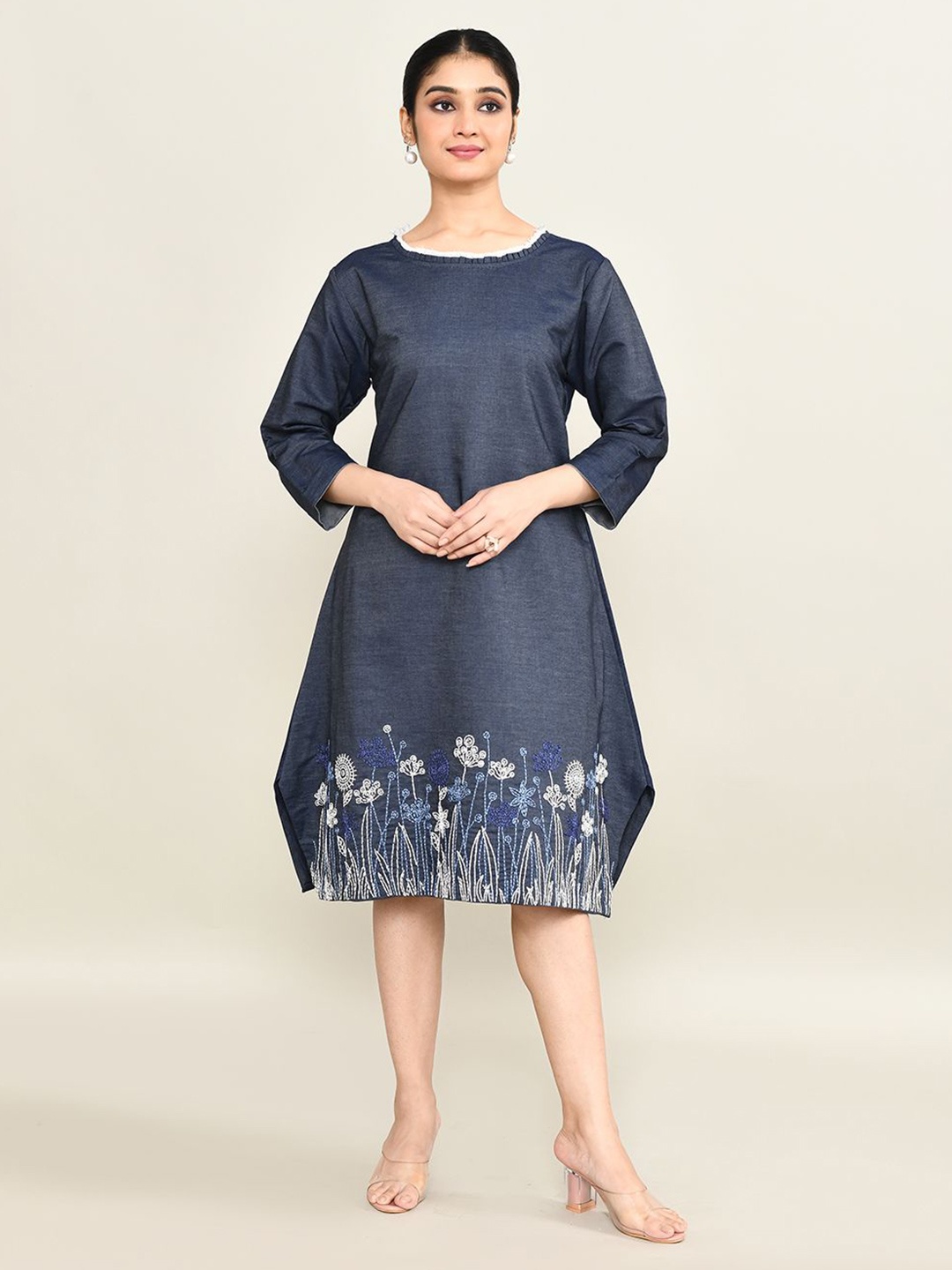 

The Maple Women Embroidered Denim A-Line Dress, Blue