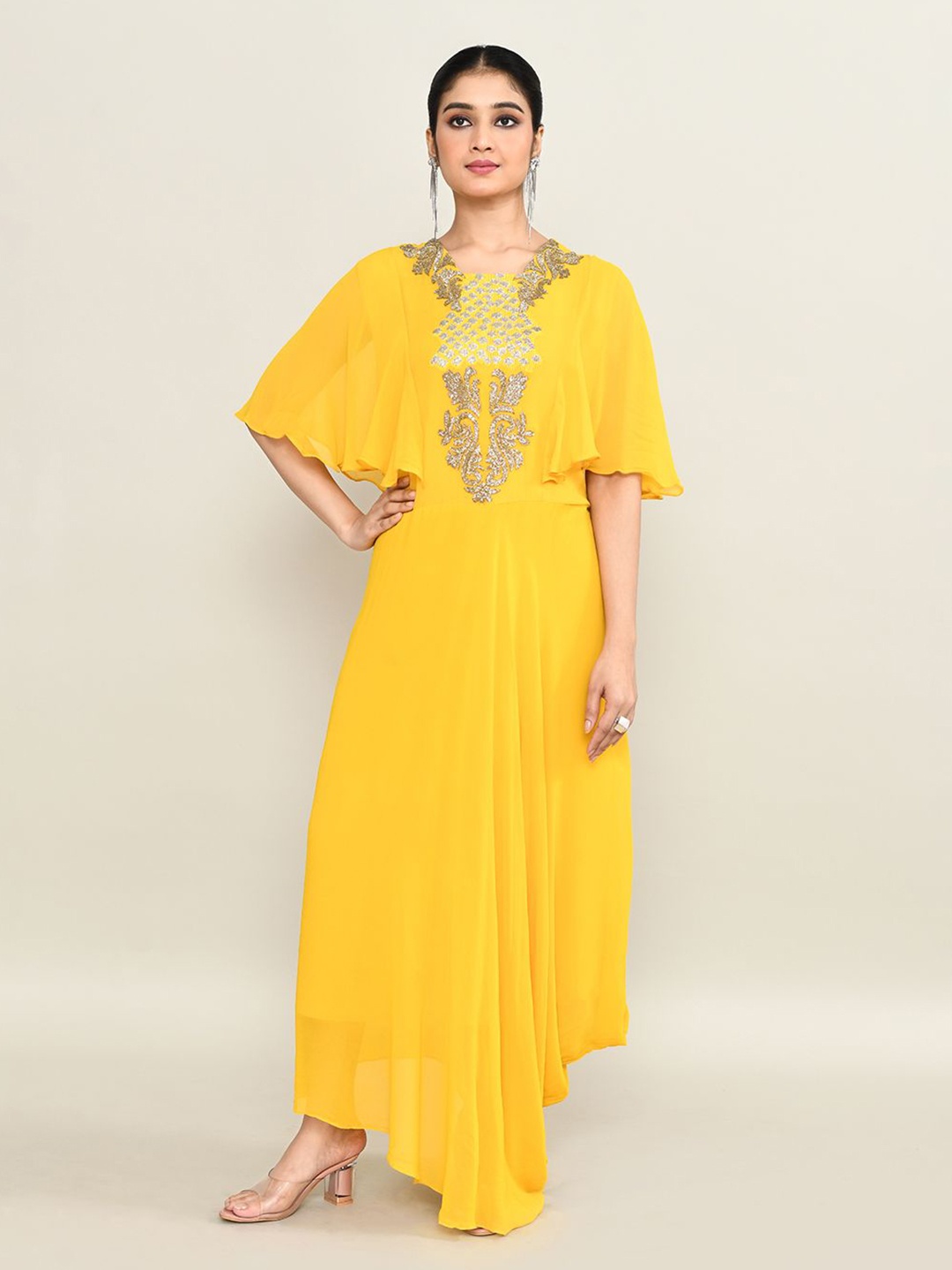 

The Maple Women Ethnic Motifs Embroidered Flared Sleeves Maxi Dress, Yellow