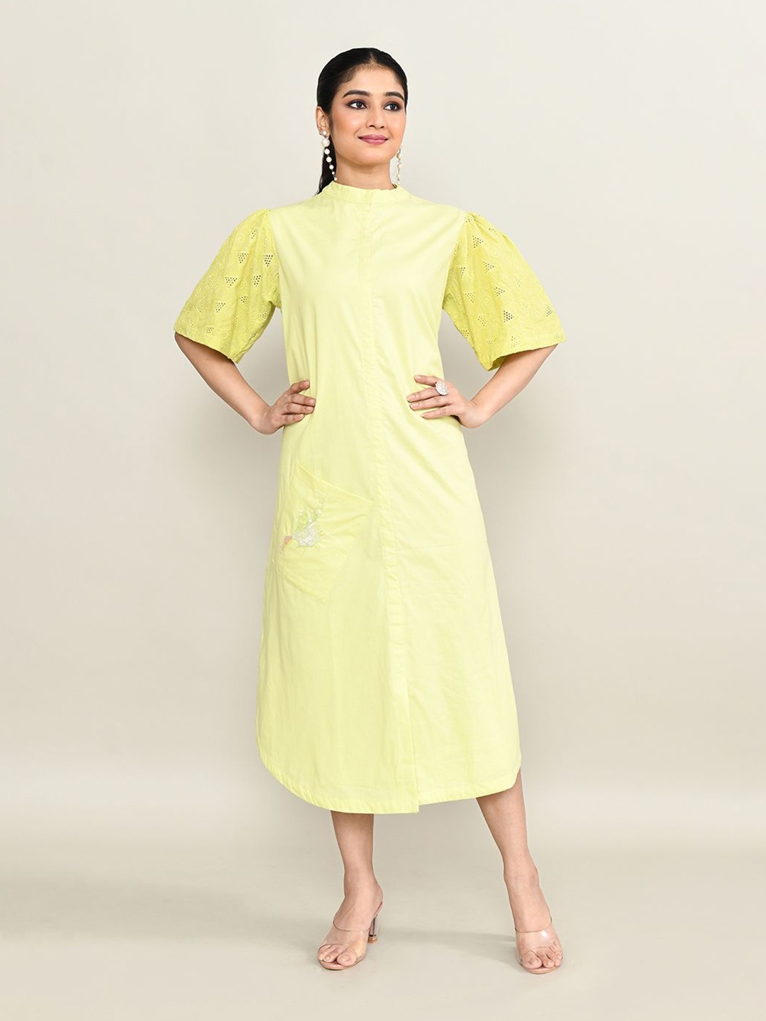 

The Maple Women Cotton Embroidered A-Line Midi Dress, Green
