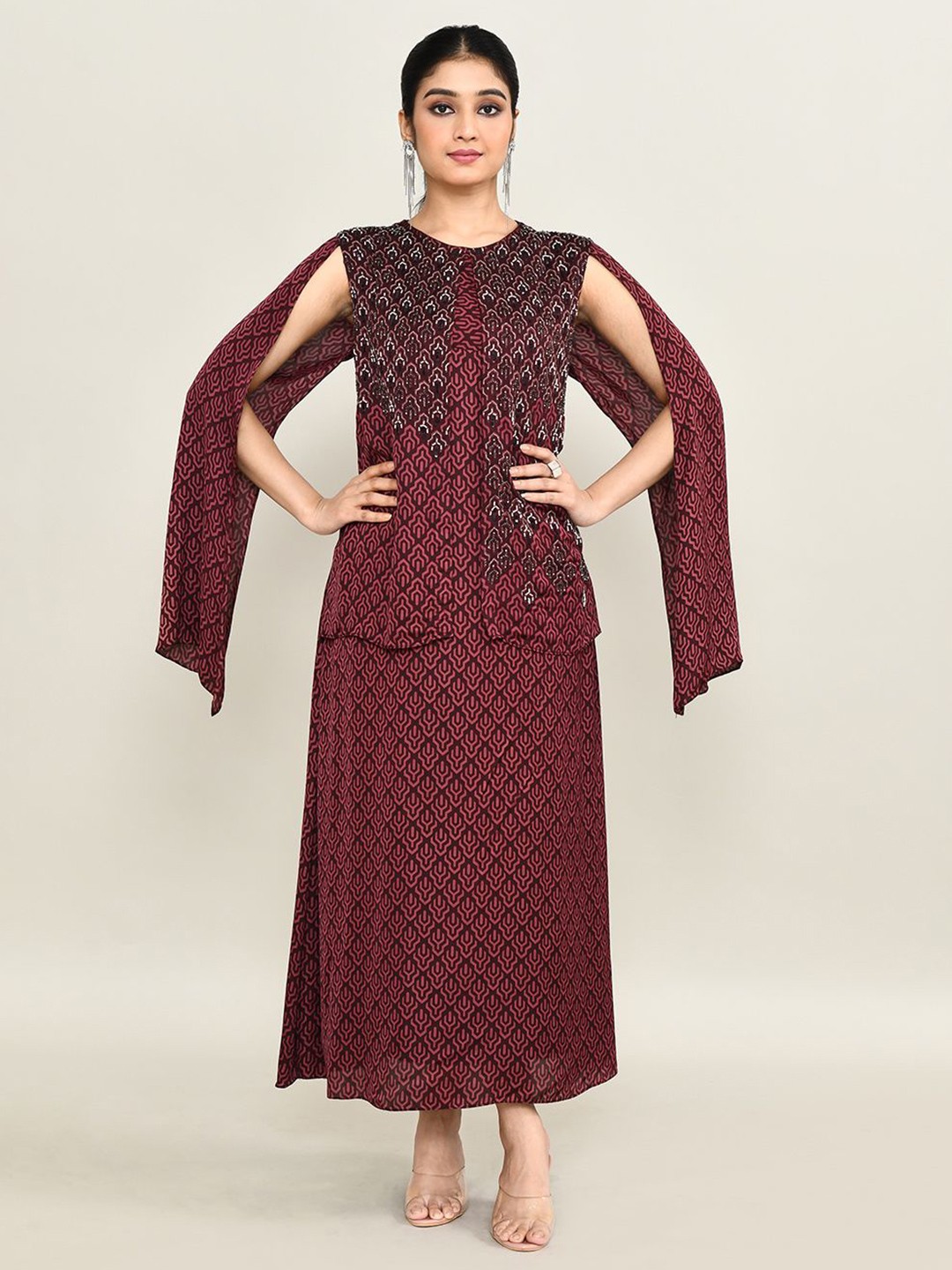 

The Maple Women Embellished Printed Cape Sleeve Maxi Dress, Maroon