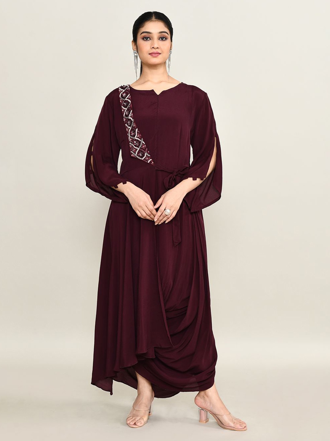 

The Maple Women Embroidered Sequin Work Maxi Dress, Brown