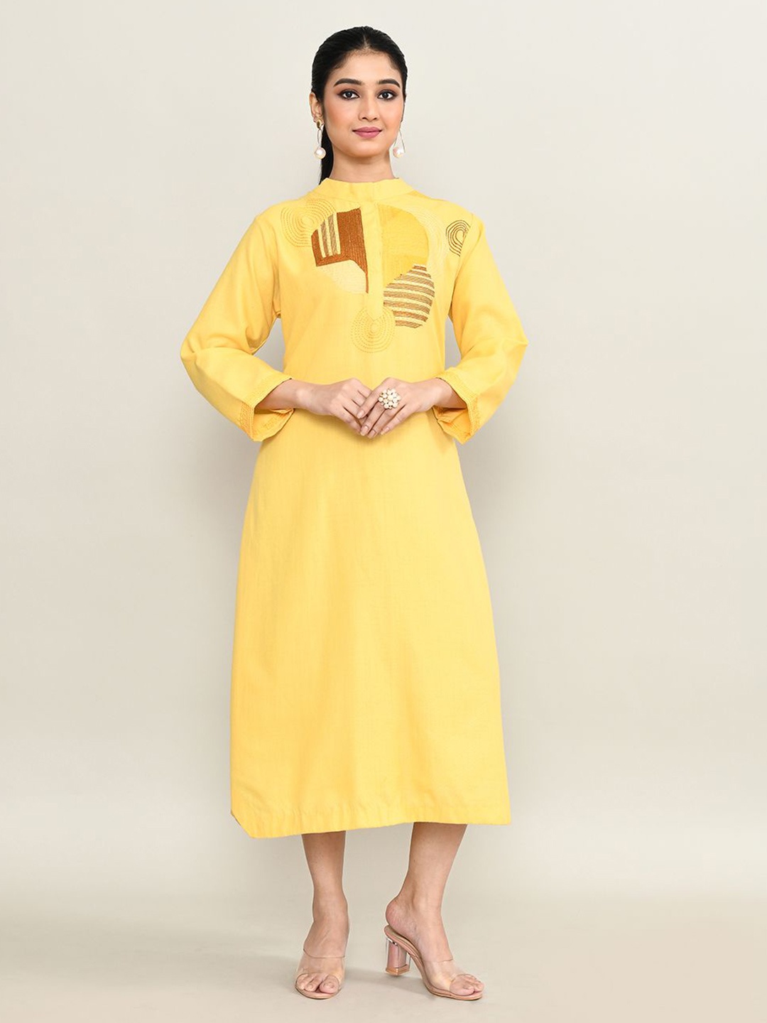 

The Maple Women Embroidered A-Line Midi Dress, Yellow