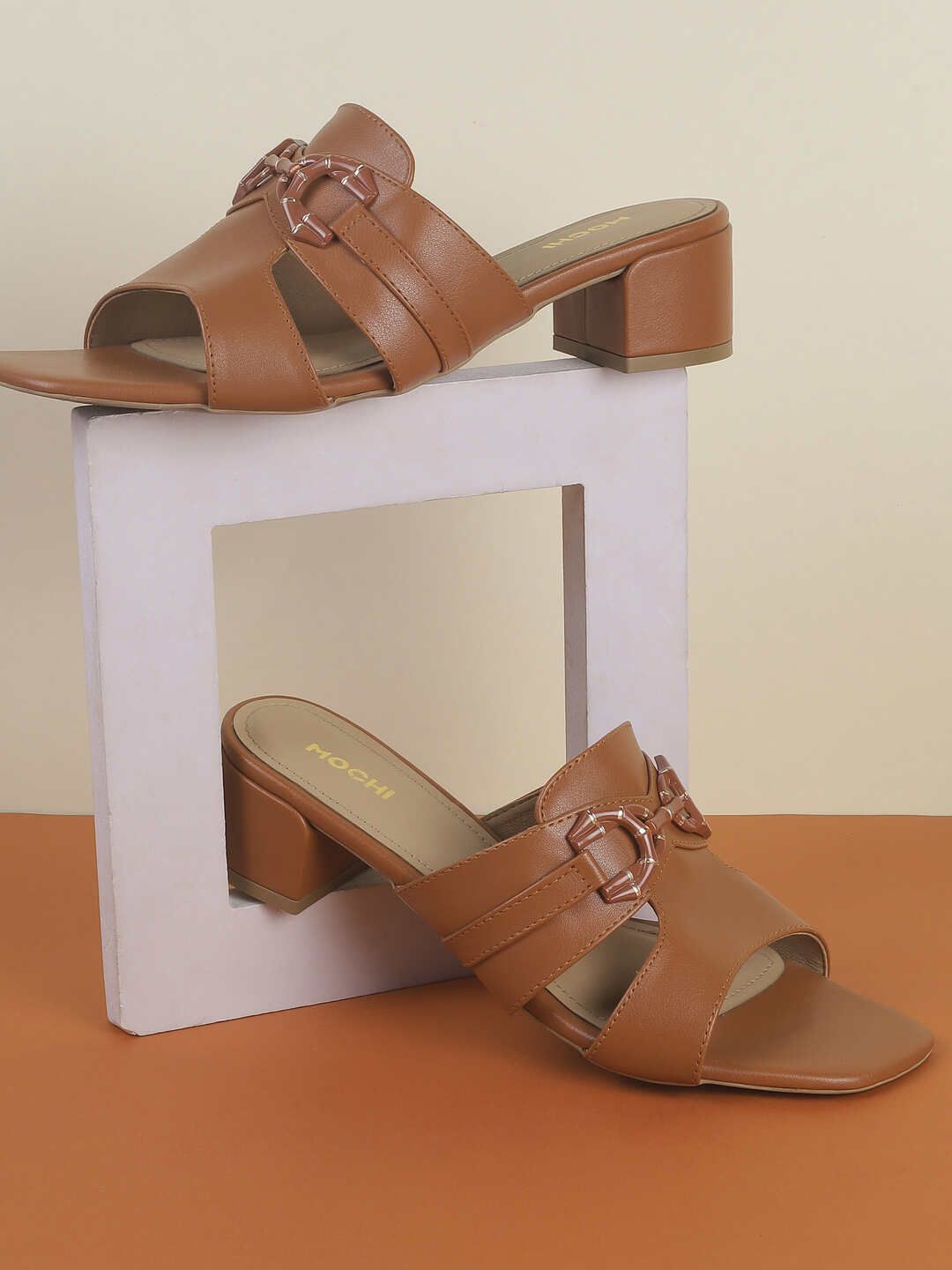 

Mochi Women Block Heel Sandals with Buckles, Tan