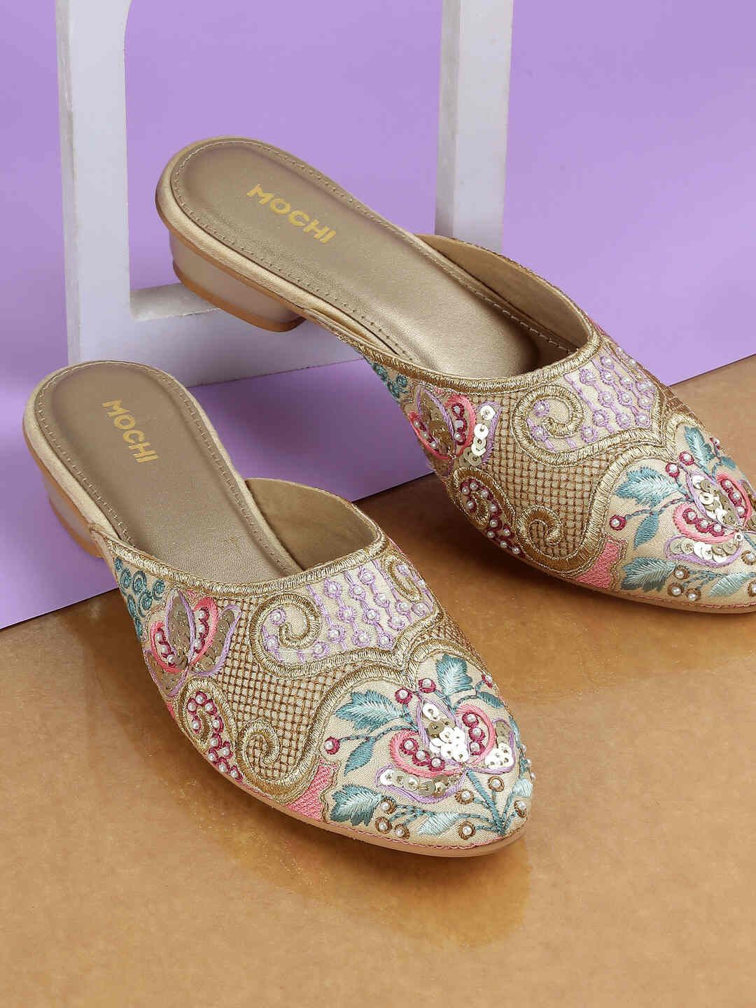 

Mochi Women Embellished Block Mules, Gold