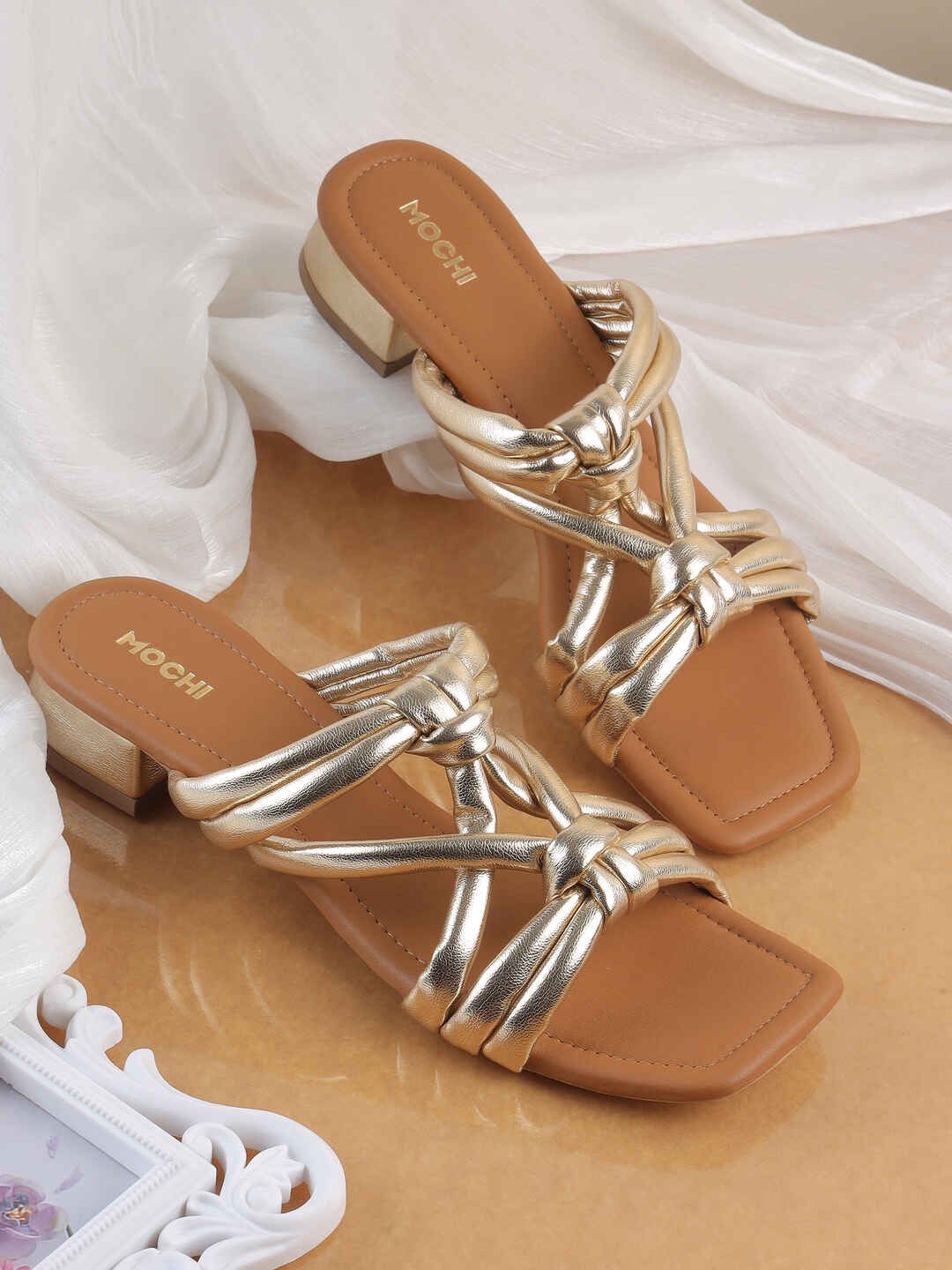

Mochi Women Open Toe Block Pumps, Gold