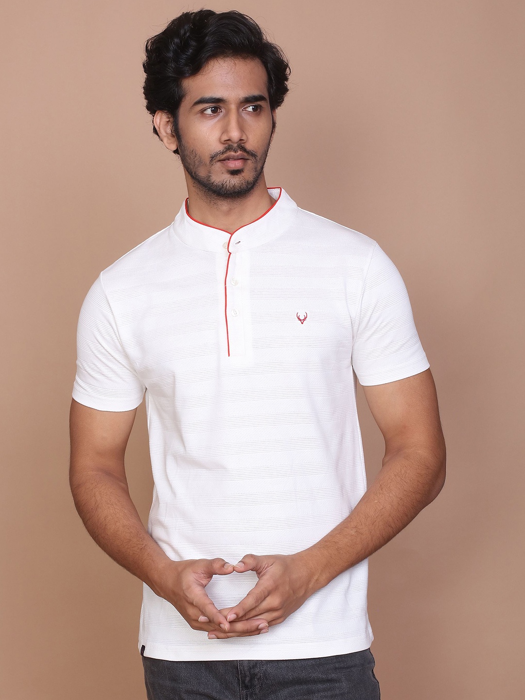 RAVINIK Men Solid Mandarin Collar Cotton Slim Fit T-shirt, White