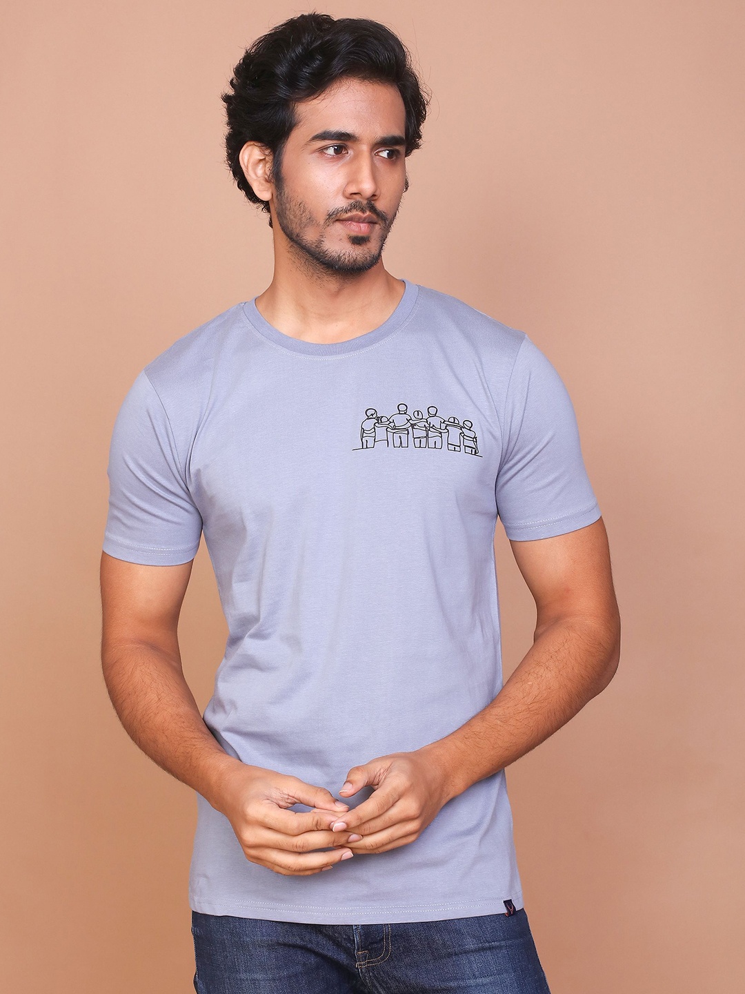 

RAVINIK Men Graphic Printed Round Neck Cotton Slim Fit T-shirt, Grey