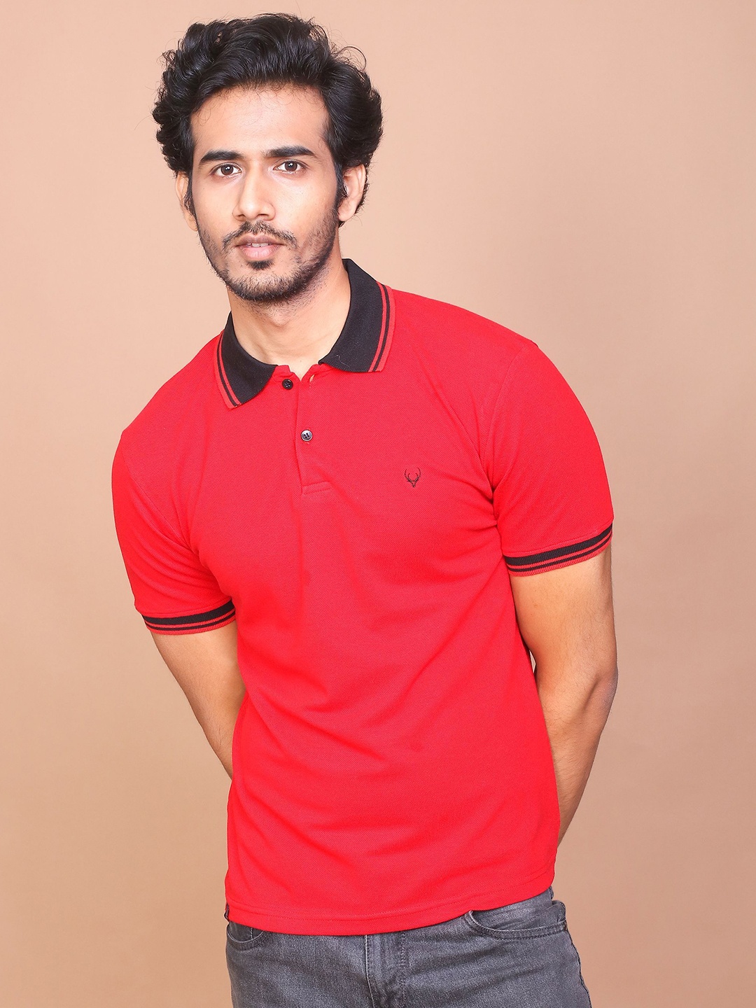 

RAVINIK Men Solid Polo Collar Cotton Slim Fit T-shirt, Red