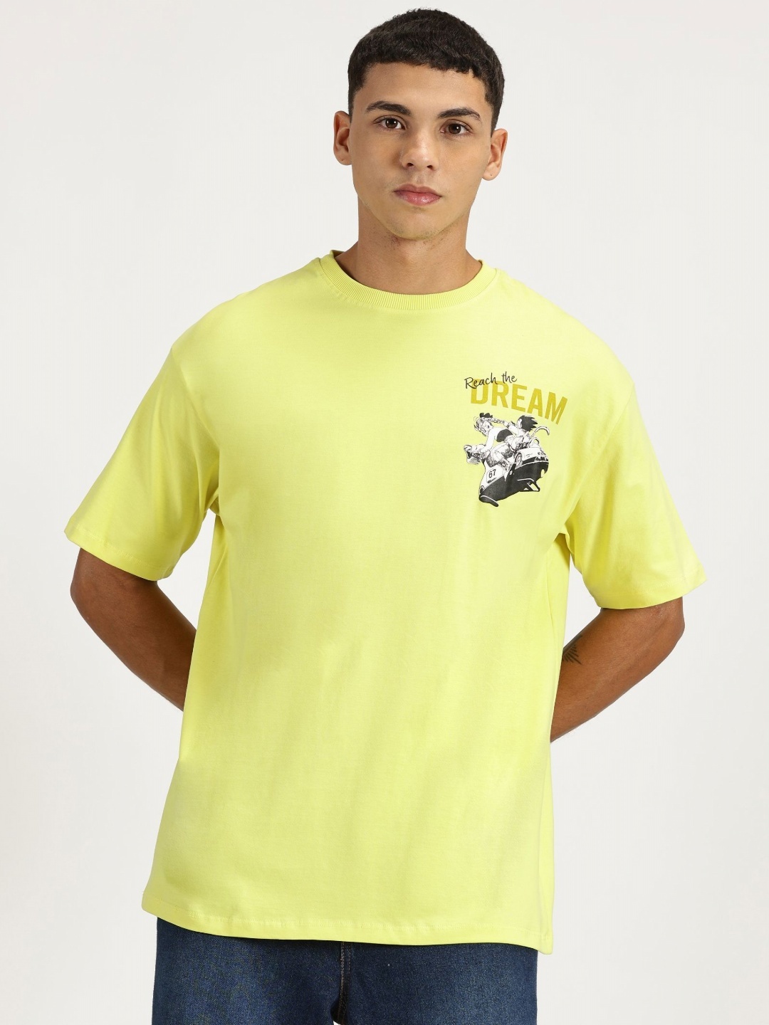 

RAVINIK Men Typography Printed Round Neck Cotton Oversized T-shirt, Yellow