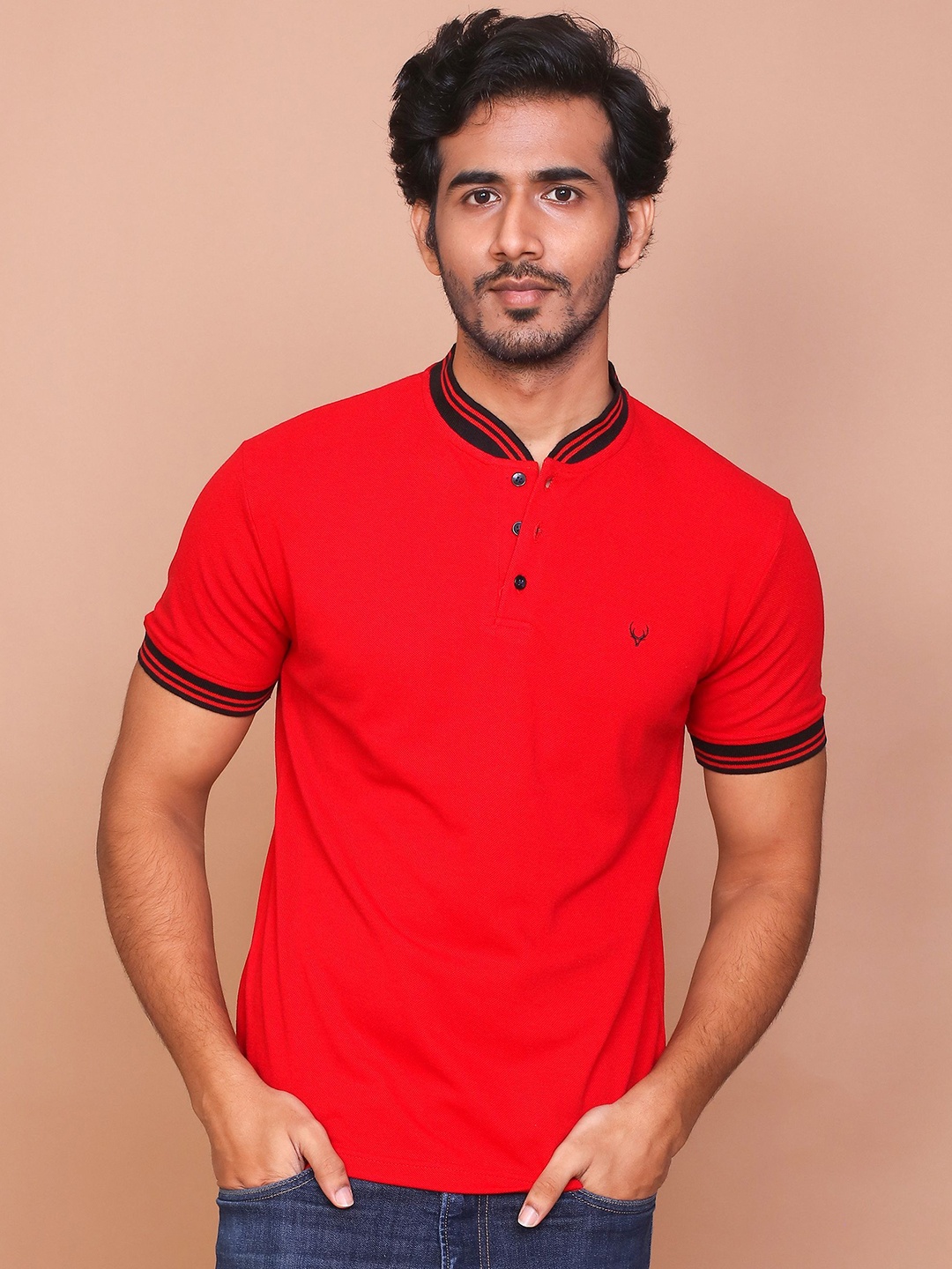 

RAVINIK Men Solid Mandarin Collar Cotton Slim Fit T-shirt, Red
