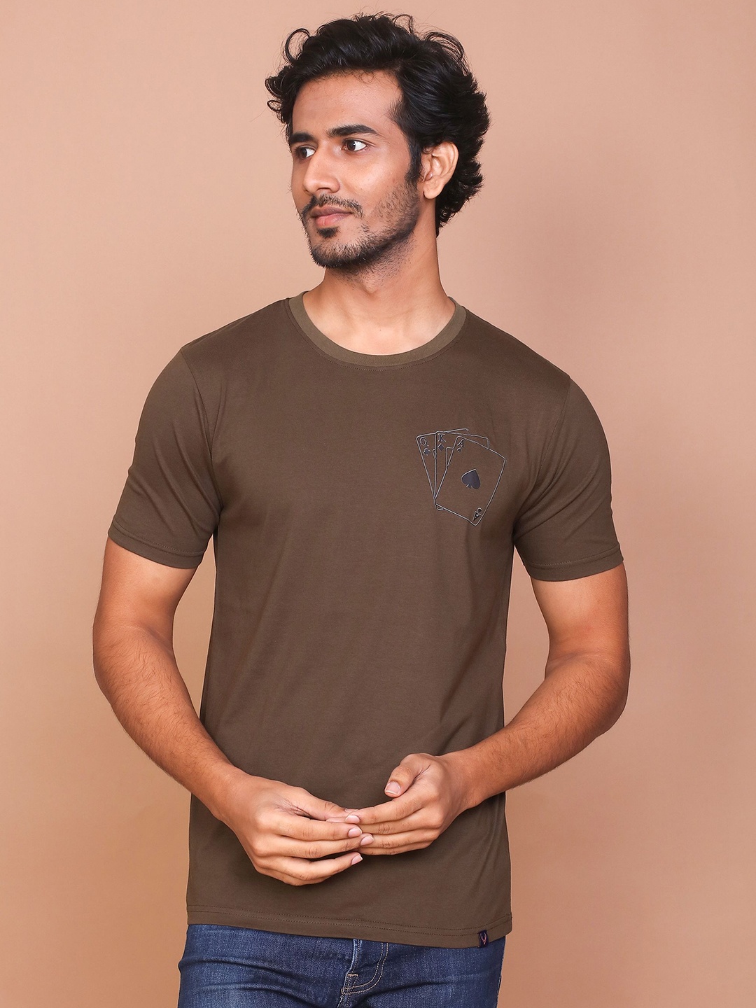 

RAVINIK Men Graphic Printed Round Neck Cotton Slim Fit T-shirt, Olive