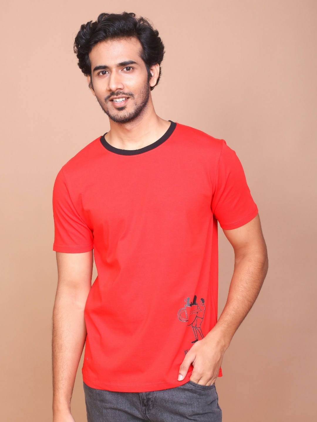 

RAVINIK Men Graphic Printed Round Neck Cotton Slim Fit T-shirt, Red