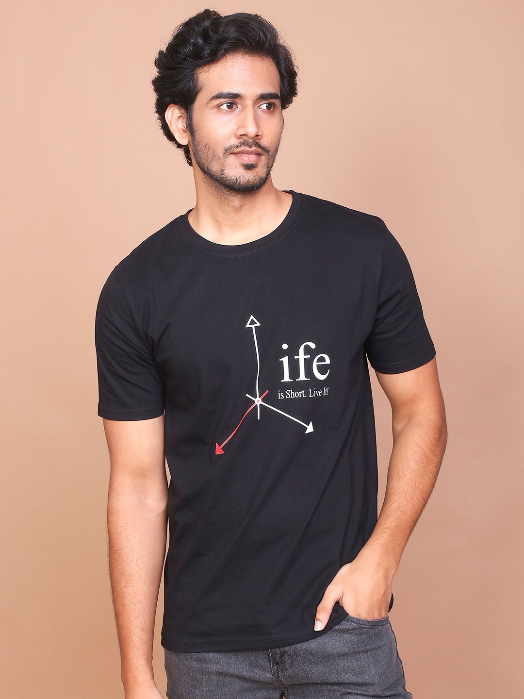 RAVINIK Men Typography Printed Round Neck Cotton Slim Fit T-shirt, Black