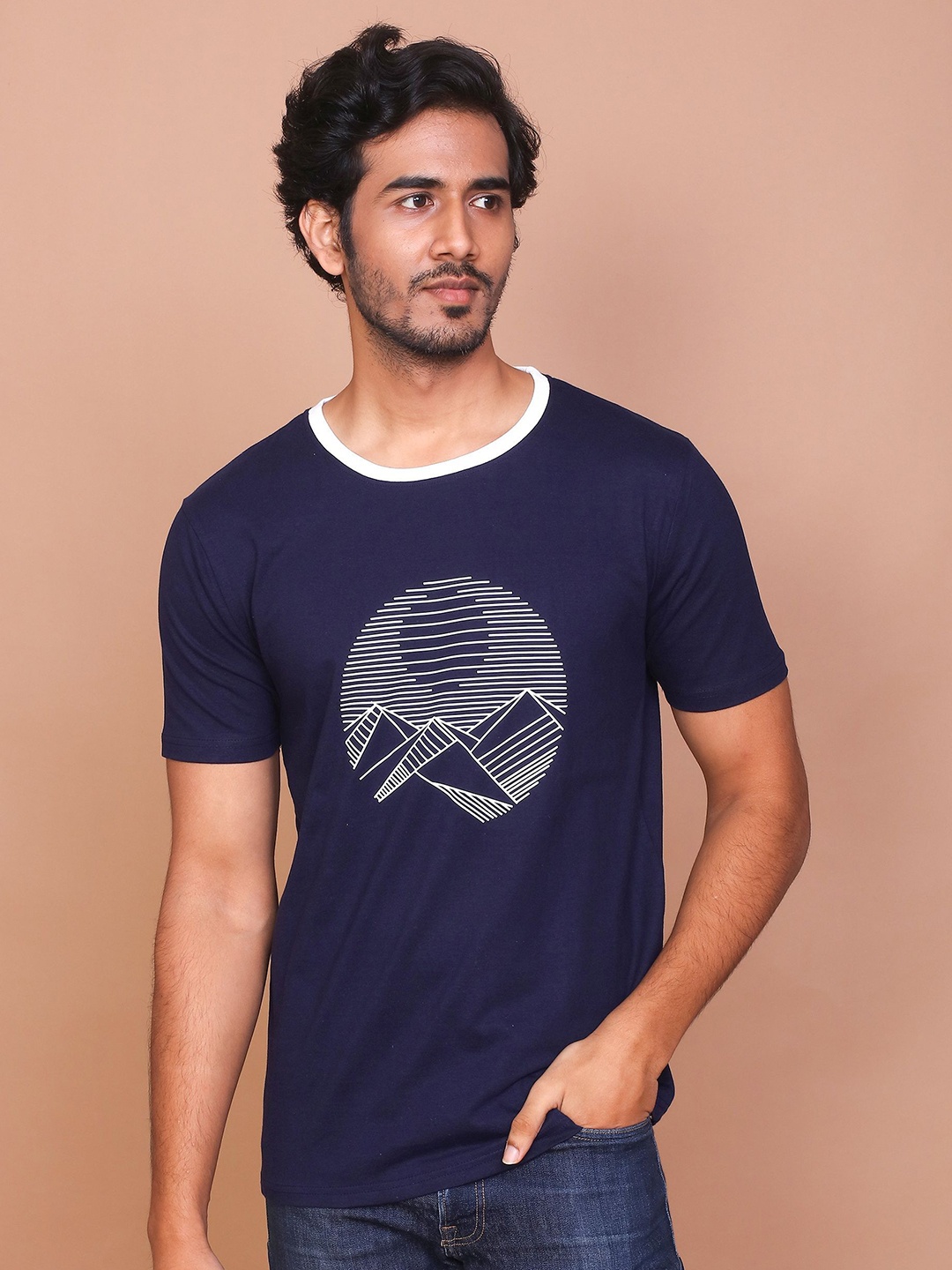 

RAVINIK Men Graphic Printed Round Neck Cotton Slim Fit T-shirt, Navy blue