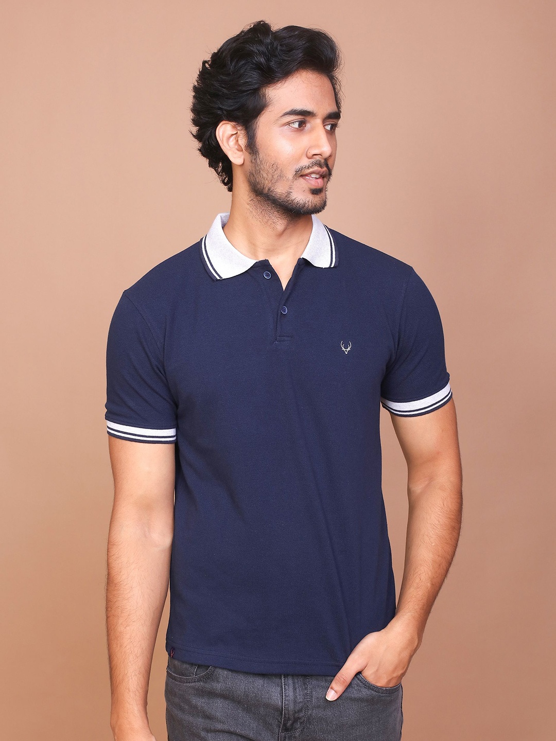 

RAVINIK Men Solid Polo Collar Cotton Slim Fit T-shirt, Navy blue