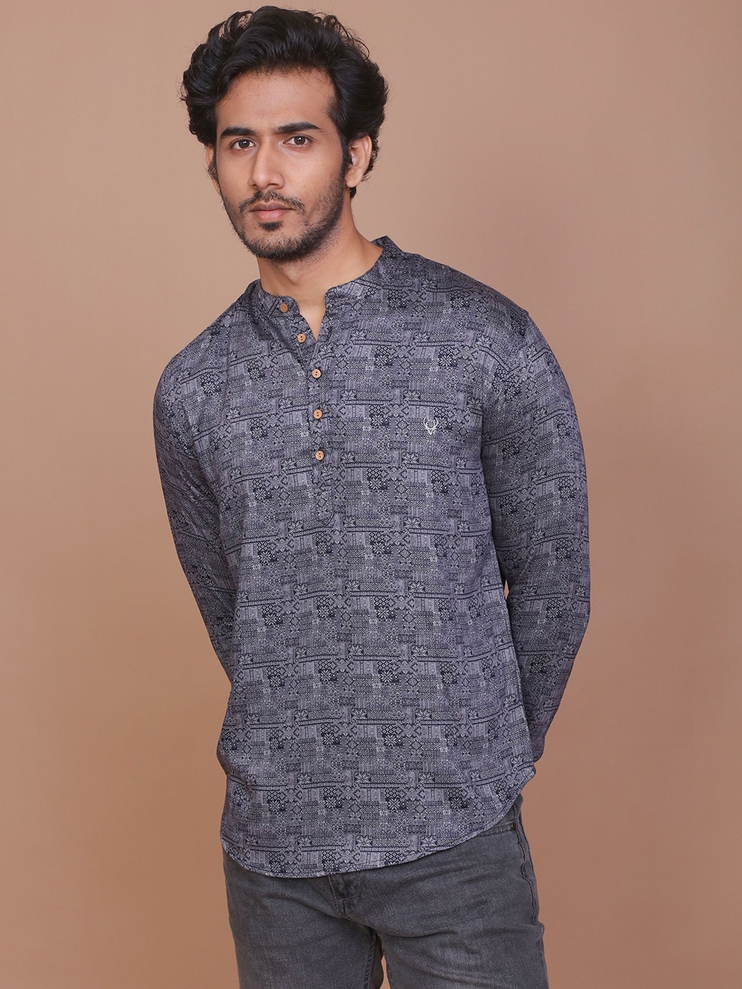 

RAVINIK Floral Printed Band Collar Cotton Straight Short Kurta, Blue