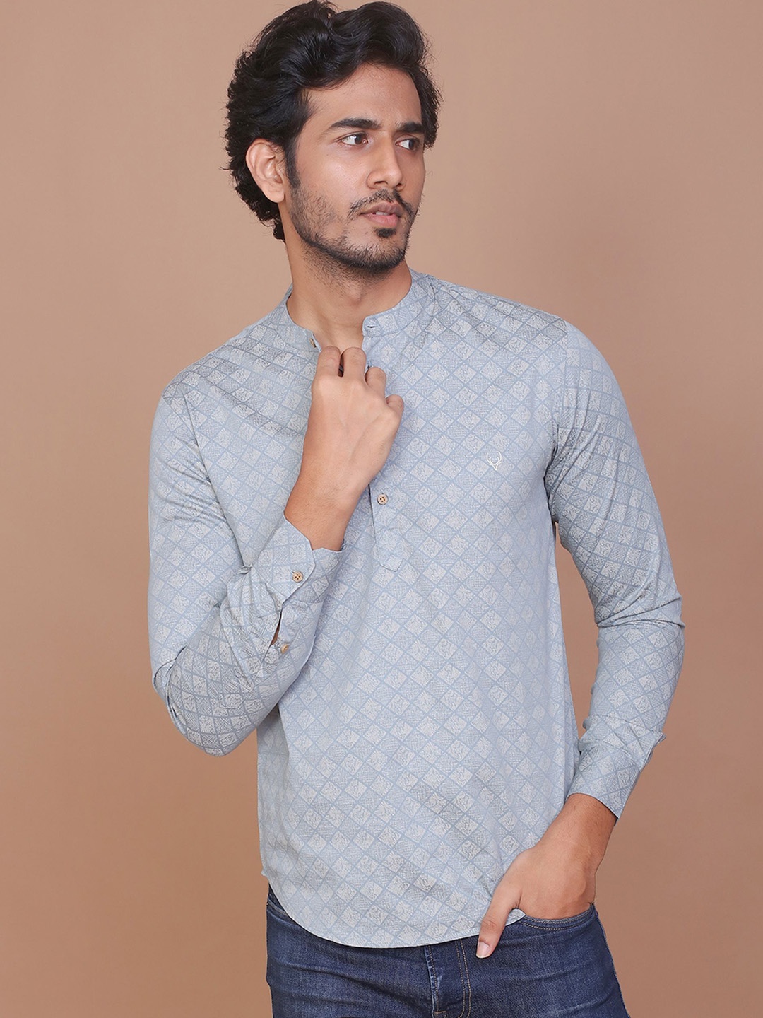 

RAVINIK Geometric Printed Band Collar Cotton Straight Short Kurta, Teal