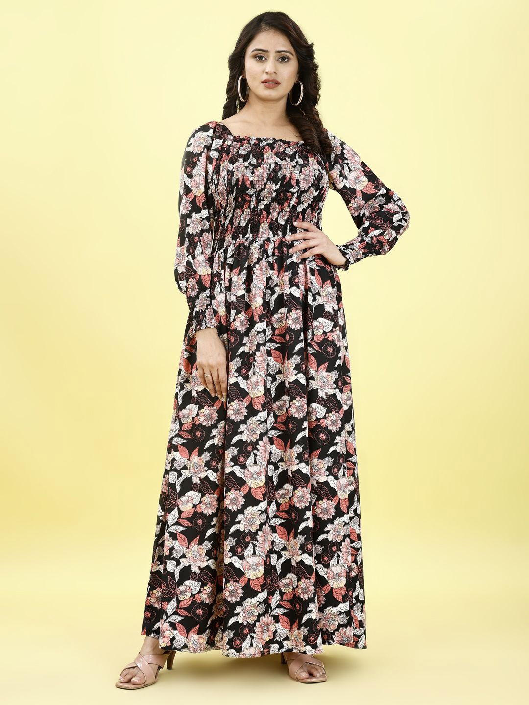 

STARWORD Floral Printed Cuffed Sleeves Smocked Fit & Flare Maxi Dress, Black