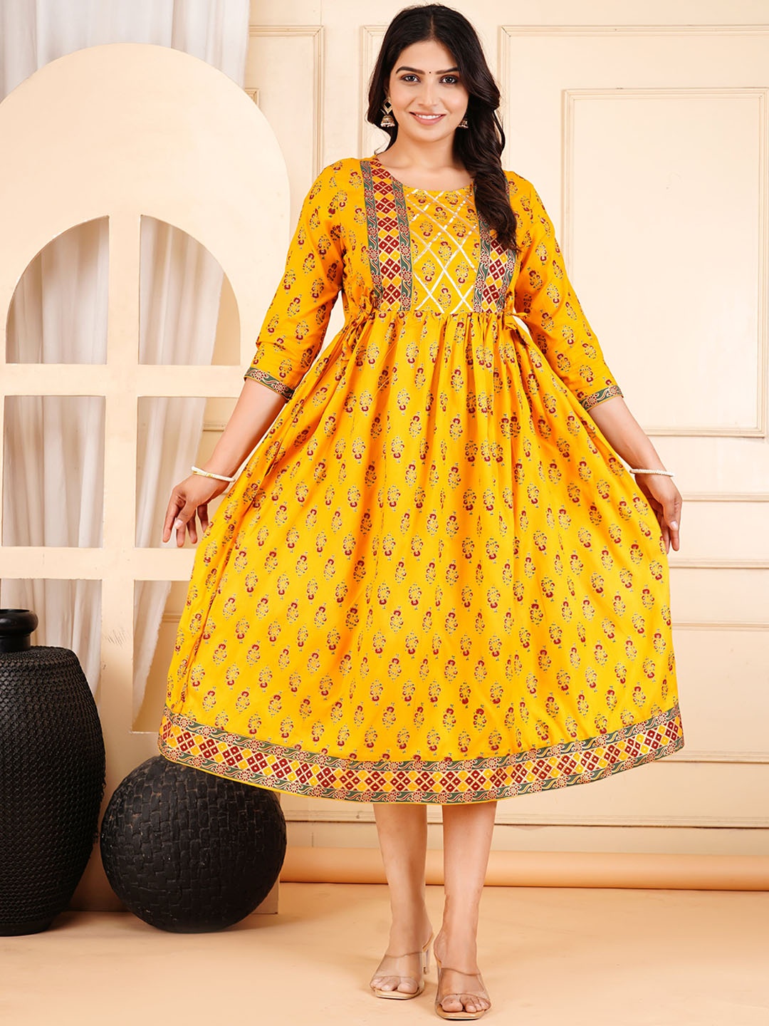 KIAARON Floral Printed Maternity Ethnic Dresses, Yellow