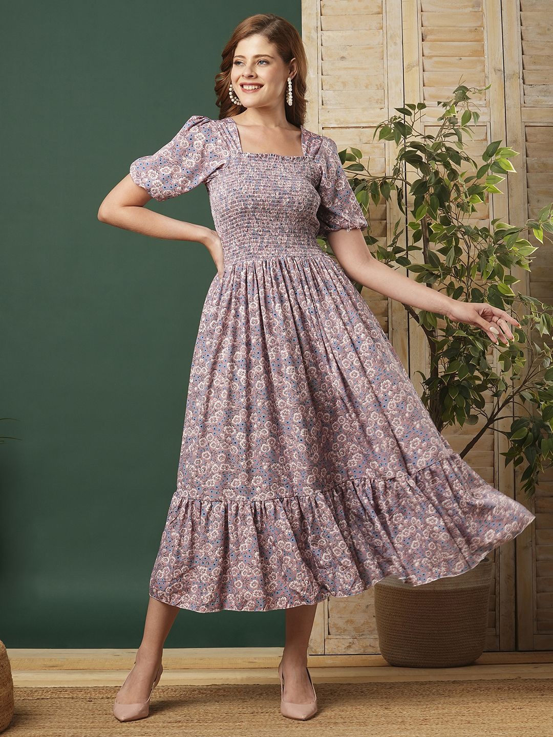 

STARWORD Floral Printed Smocked Tiered Fit & Flare Midi Dress, Blue